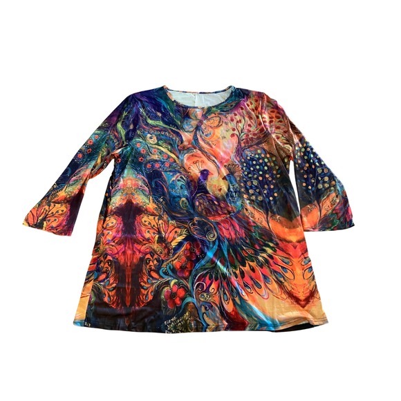 Elena Kotliarker Tops - Elena Kotliarker Art Peacock Print Tunic Top Womens 3/4 Sleeve Psychedelic Multi